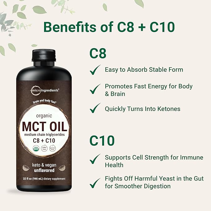 MCT Oil Organic 32 fl oz |100% Virgin Coconut with C8 + C10 Fatty Acids | Great for Coffee or Dressings | Unflavored Keto Vegan