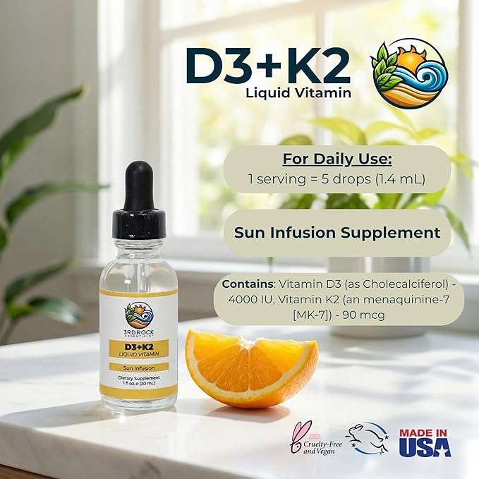 3rd Rock Essentials Vitamin D3 4000 IU + K2 MK-7 Liquid Drops – High Absorption Chelated Formula – 600 Drops (4 Month Supply) – Bone Immune &amp Calcium Support – Non-GMO Gluten Free Supplement