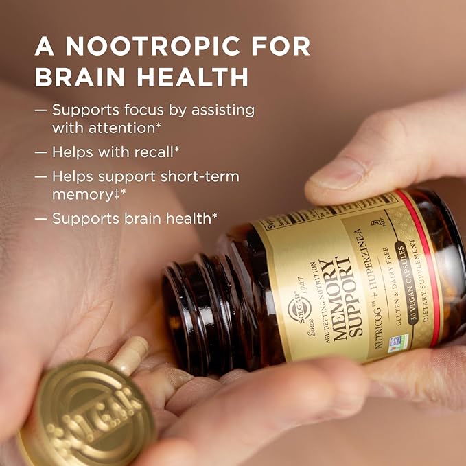 Solgar Memory Support Brain Dietary Supplement for Memory and Focus Clinically Studied Nutricog Vitamin D &amp Huperzine-A Nootropic Brain Health Supplement Healthy Aging Support 30 Servings