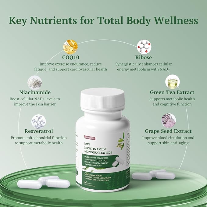 NMN Supplement 500mg Supports NAD+ Levels &amp Cellular Energy Anti-Aging &amp Longevity with NMN (Nicotinamide Mononucleotide) Resveratrol and Niacinamide 60 Veggie Capsules for Women &amp Me