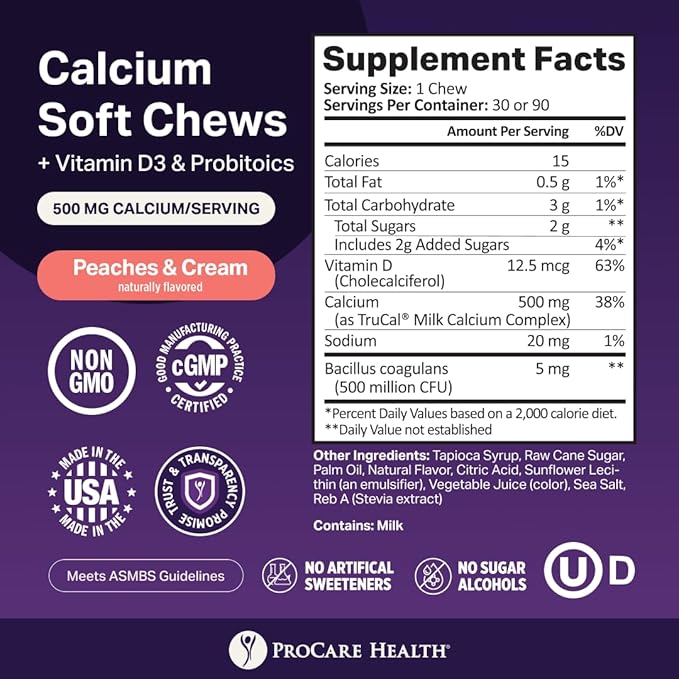 ProCare Health TruCal Calcium Soft Chews – Peaches &amp Cream Flavor | 500mg Calcium 500 IU Vitamin D3 500 Million CFU Probiotics | Bone &amp Digestive Support | 30 Count