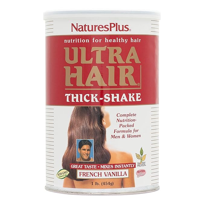 NaturesPlus Ultra Hair Thick Shake - 1 lb - French Vanilla Flavor - Hair Protein Powder for Healthy Growth - With Biotin &amp Amino Acids - Non-GMO Gluten-Free - 16 Servings