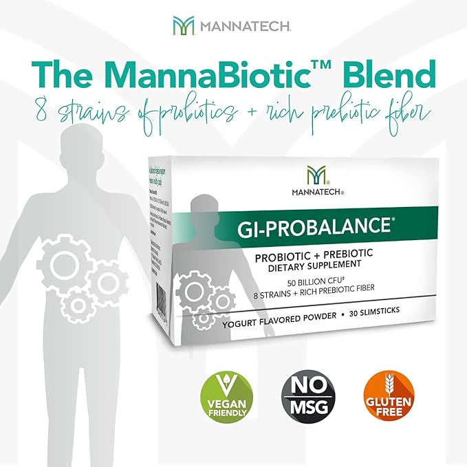 Mannatech Prebiotics and Probiotics 30 Slimsticks Yogurt Flavor GI-ProBalance w/MannaBiotic Blend Pre and Probiotics Powder for Gut Health w/ 8 Strains Rich Prebiotic Fiber &amp 50 Billion CFU