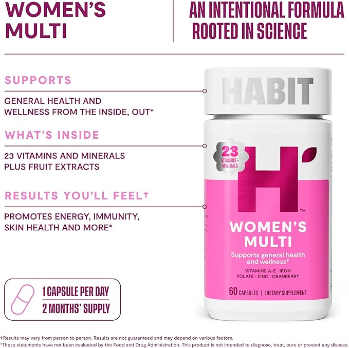 Habit Womens Multi Supplement 2 Pack (120 Capsules) - New Look Supports General Health &amp Wellness 23 Essential Vitamins and Minerals Fruit extracts Folate Iron B12 Biotin Non-GMO