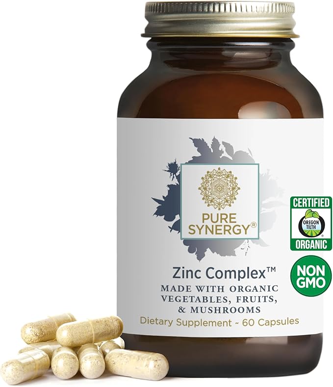 PURE SYNERGY Zinc Complex | Immune Support Supplement | Natural Vegan Zinc Complex with Vitamin C and Organic Whole Foods | for Immune Brain and Skin Health (60 Capsules)