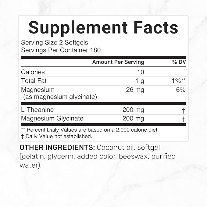 L-Theanine with Magnesium Glycinate 360 Softgels | L-Theanine 200mg &amp Magnesium Glycinate 200mg per Serving | 2-in-1 Amino Acid &amp Mineral Complex | Made with Coconut Oil | Non-GMO cGMP Manuf