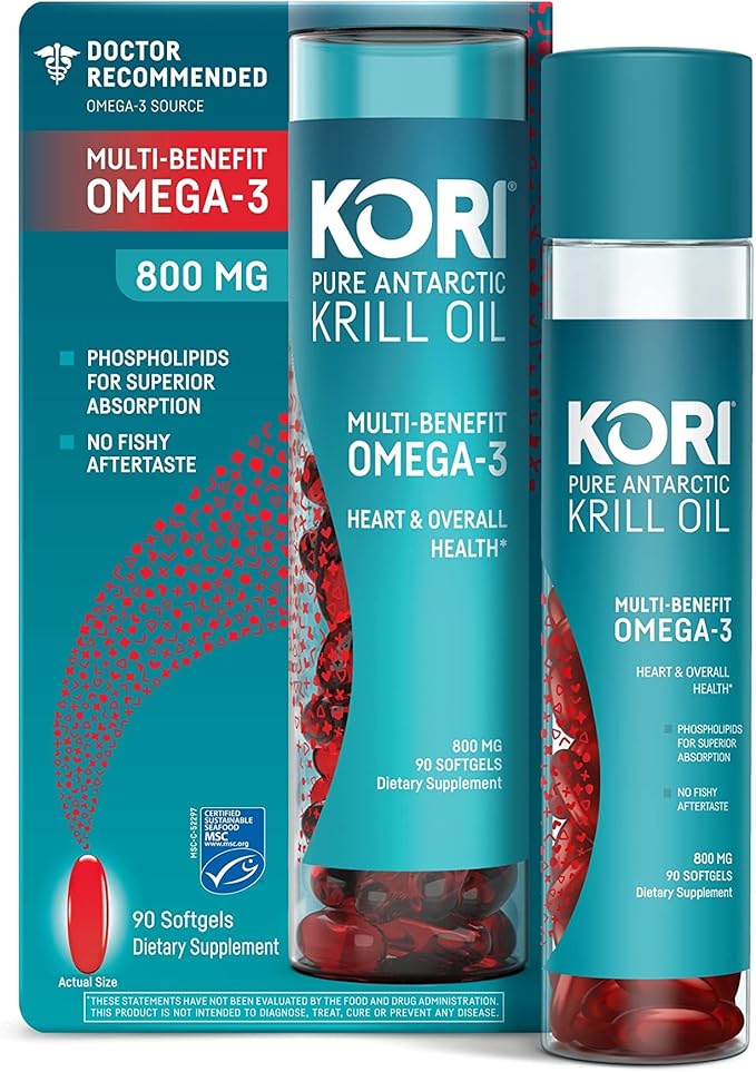 Kori Krill Antarctic Krill Oil Omega 3 Supplement EPA &amp DHA Superior Absorption vs Fish-Oil 800 mg 90 softgels