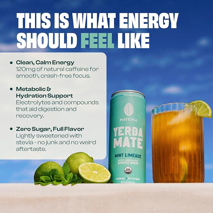 Mateina Yerba Mate Zero Sugar Energy Drink – 120mg Natural Caffeine – Organic Non-GMO Non-Carbonated – Dr. Andrew Huberman Recommended – (12 fl oz Cans 12 Pack) Mint Limeade