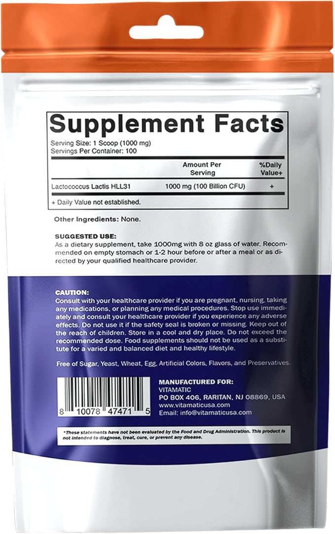 Vitamatic Lactococcus Lactis Probiotic Powder - Digestive Health Support - 100 Gram (3.5 OZ) - 100 Servings
