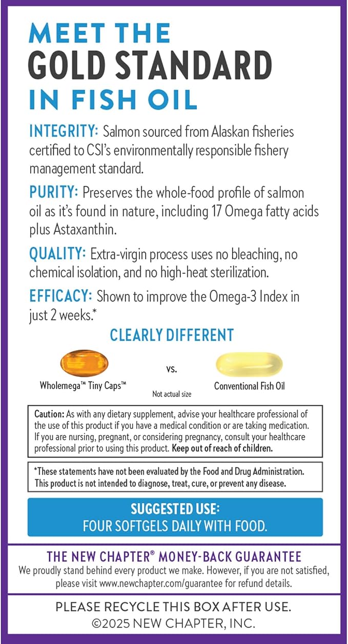 New Chapter Wholemega Fish Oil Supplement Tiny Capsules 2000mg per Serving Clinically Proven Wild Alaskan Salmon Oil with Omega-3 + Vitamin D3 + Astaxanthin 500mg per softgel - 180 Count
