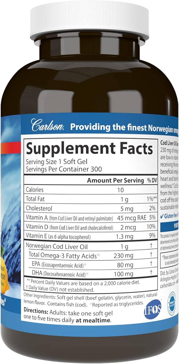 Carlson - Cod Liver Oil Gems Low Vitamin A 230 mg Omega-3s Norwegian Wild Caught Sustainably Sourced 300 Softgels