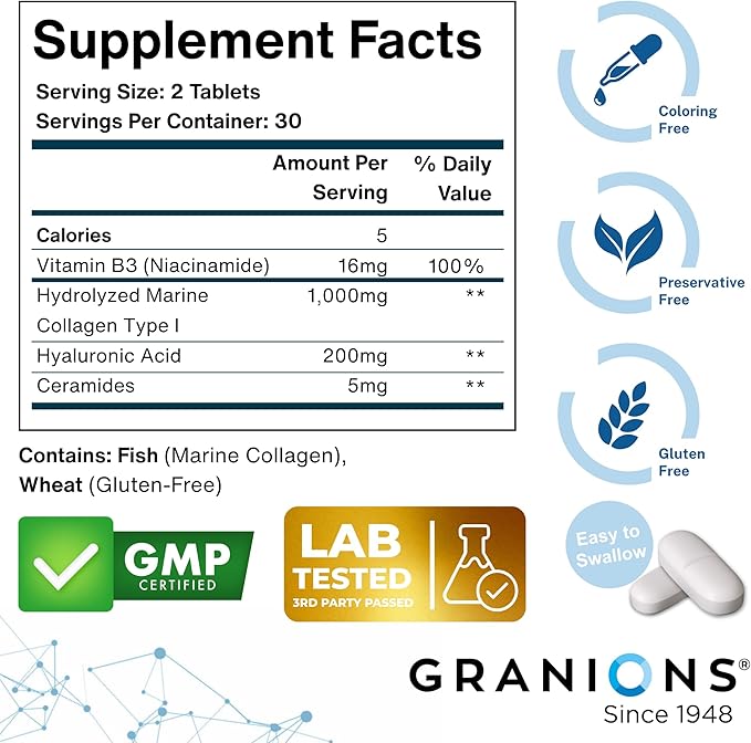 Hyaluronic Acid Supplements 200mg - Marine Collagen Peptides Vitamin B3 Niacinamide Ceramides Supplement - Deep Hydration &amp Anti-Aging Skin Care Complex for Women and Men - 60 Foil Sealed Tablet