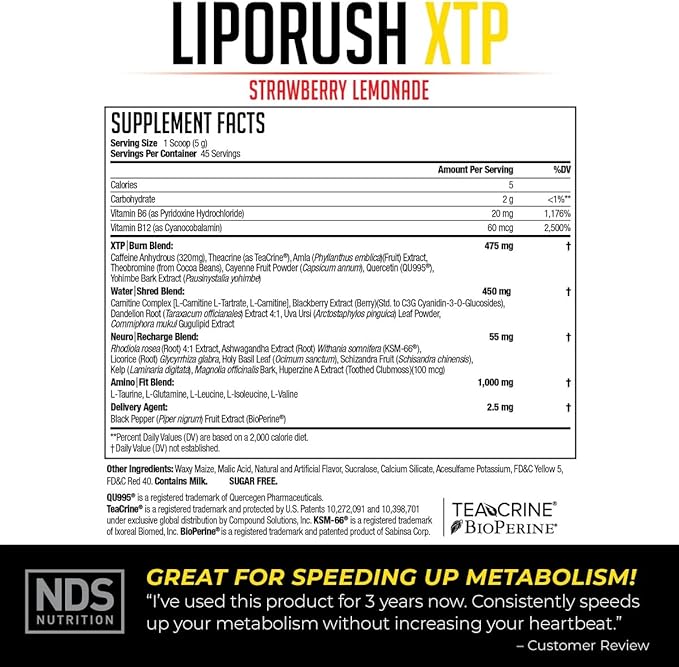 LIPORUSH NDS Nutrition XTP Thermogenic Fat Burner with L-Carnitine - Energy Focus and Appetite Control - Extreme Thermogenic Fat Burning Powder Weight Loss - Strawberry Lemonade (45 Servings)
