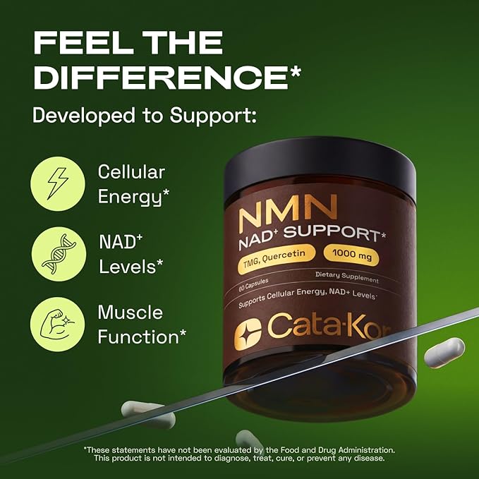 Cata-Kor NMN Supplement – 1000mg Per Serving NAD Resveratrol Supplement with Quercetin | TMG – NMNH Alternative – Supports Cellular Energy &amp NAD+ Level – 60 Capsules – Third-Party Tested (1 Pack)