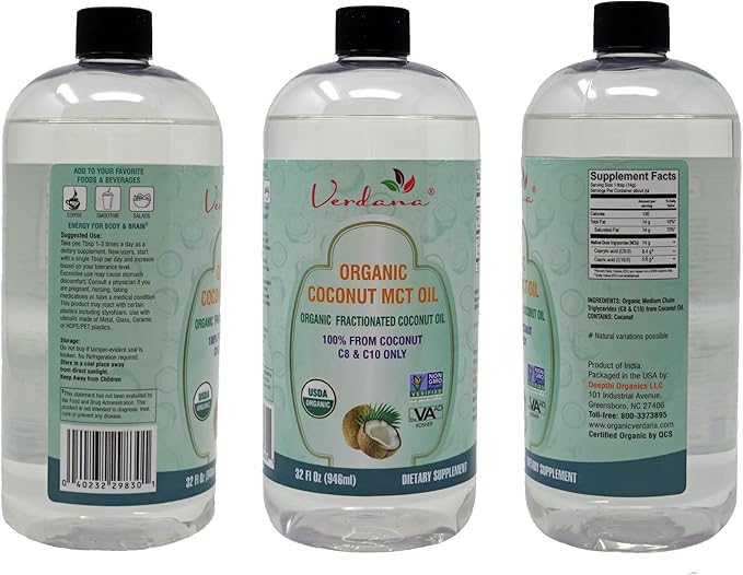 Verdana Organic MCT Oil 32 oz – Food Grade USDA Organic for Keto Coffee Unflavored Natural Oil Pulling Mouthwash &amp Massage - Coconut Derived Fractionated – Medium Chain C8 C10 – Non-GMO Kosher