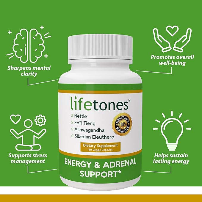 Life Tones Energy &amp Adrenal Support Capsules - Natural Energy Boost Stress Relief and Adrenal Health Formula - 60 Vegan Vitamins