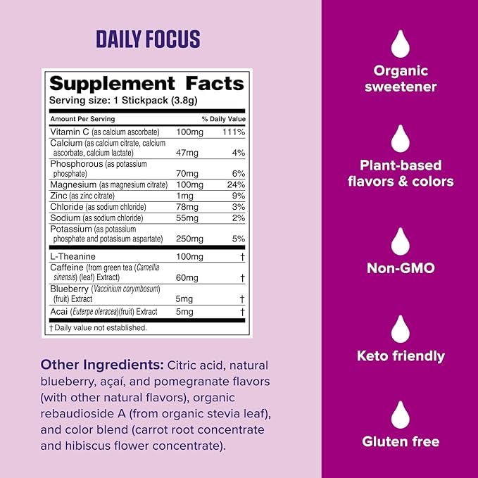 Ultima Replenisher Daily Focus Supplement &amp Electrolytes Powder - Acai Blueberry 14 Stickpacks - Hydration Packets 60mg Caffeine from Green Tea Extract &amp L-Theanine to Improve Focus &amp Co