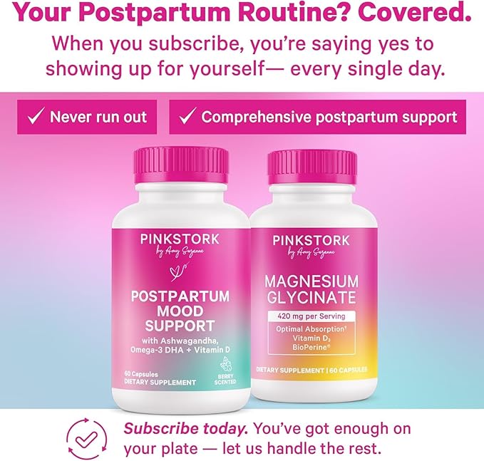 Pink Stork Postpartum Mood Support - Postnatal Hormone Balance for Women - Breastfeeding Friendly New Mom Essentials - Ashwagandha Chamomile &amp Vitamin D - Stress &amp Mood 60 Capsules