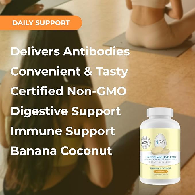 Youngevity i26 Hyperimmune Egg | IgY Max Banana Coconut Chewable | Patented Immune Powerhouse Formula | Flexibility Gut Immune Support Supplement | 45 Chewable Tablets