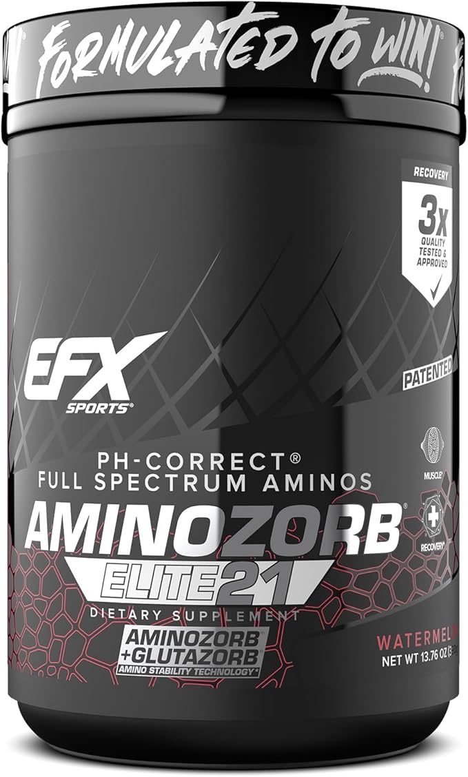 EFX Sports Aminozorb Elite 21 | PH-Correct Full Spectrum Aminos + Glutamine | Essential &amp Non Essential Aminos | Zero Sugars | 30 Servings (Watermelon)