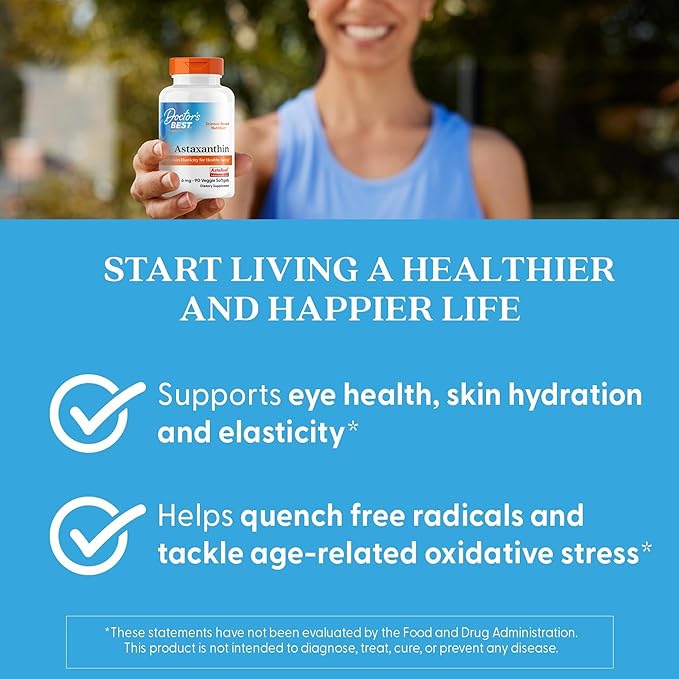 Doctor's Best Astaxanthin Vegan Supplement 6 mg - Skin Elasticity &amp Antioxidant Support for Men &amp Women Extract from Haematococcus Pluvialis Microalgae Non GMO Gluten Free - 90 Veggie Softg