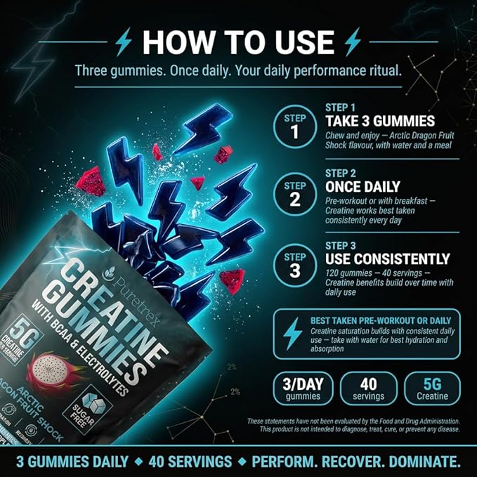 Creatine Gummies with BCAA &amp Electrolytes Sugar Free Arctic Dragon Fruit Flavor 5G per Serving 120 Count Dietary Supplement