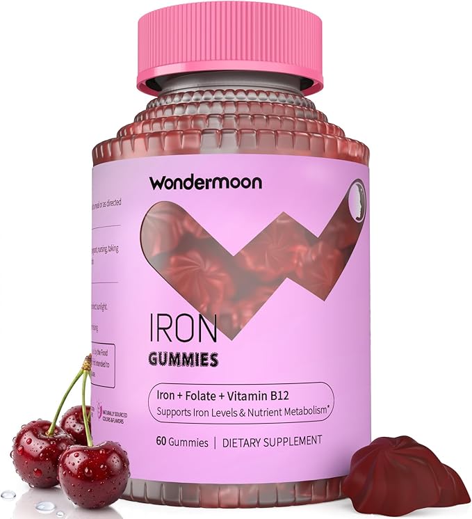 Wondermoon Iron Gummies for Women with Vitamin C Chewable Iron Supplement with B12 &amp Folate Cherry Flavor 60 Gummies