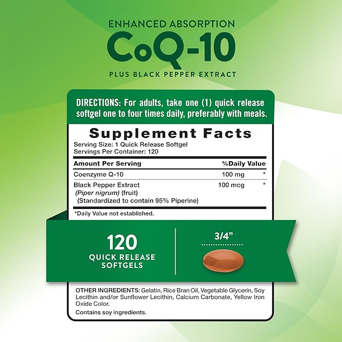 Nature's Truth CoQ10 100mg | 120 Softgels | High Absorption | Non-GMO &amp Gluten Free Coenzyme Supplement | with Black Pepper Extract