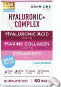 Hyaluronic Acid Supplements 200mg - Marine Collagen Peptides Vitamin B3 Niacinamide Ceramides Supplement - Deep Hydration &amp Anti-Aging Skin Care Complex for Women and Men - 60 Foil Sealed Tablet