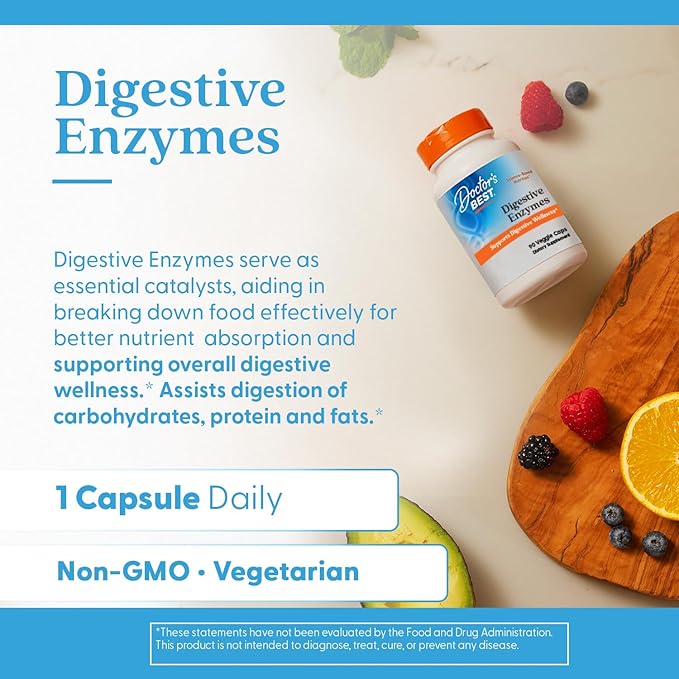 Doctor's Best Digestive Enzymes Supplement for Women &amp Men - Supports Gut Health Digestion &amp Overall Wellness Formulated with Amylase Super Enzyme Blend for Food Break Down Non GMO - 90 V