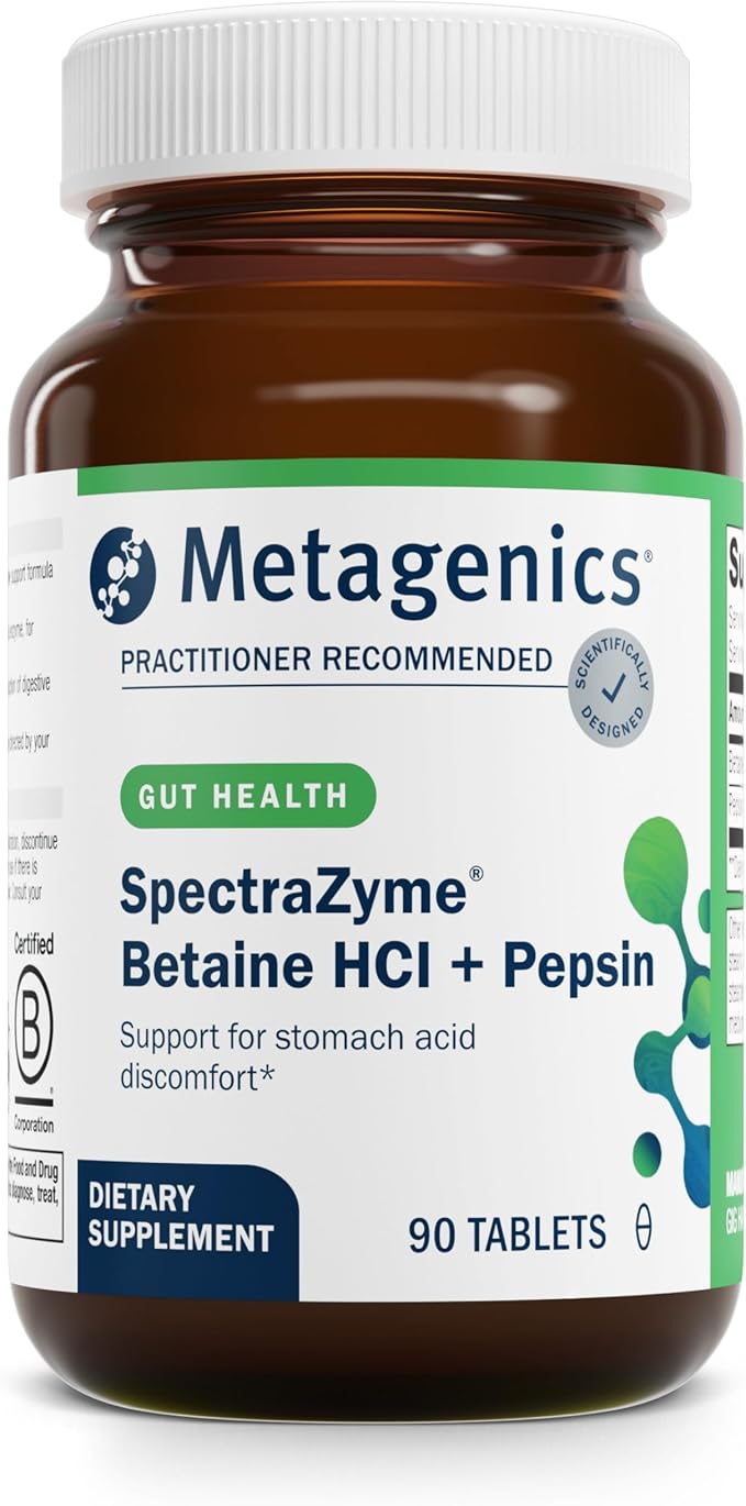 Metagenics SpectraZyme Betaine HCl with Pepsin - Digestive Support for Protein Breakdown &amp Nutrient Absorption* - Betaine Hydrochloride 650 mg &amp Pepsin 40 mg - Non‑GMO Gluten‑Free - 90 Capsul