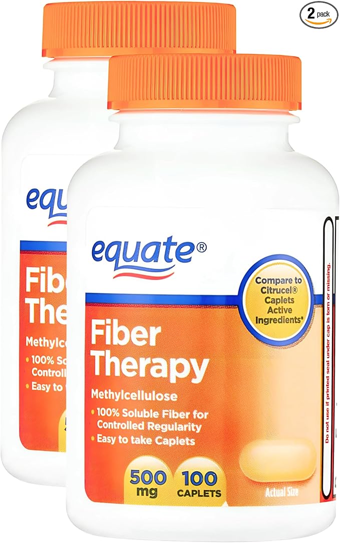 KP+ Equate Fiber Therapy Caplets with Methylcellulose 500 mg | 100 Caplets | Soluble Methylcellulose for Digestive Regularity | Gentle Non-Stimulant Laxative | Pack of 2