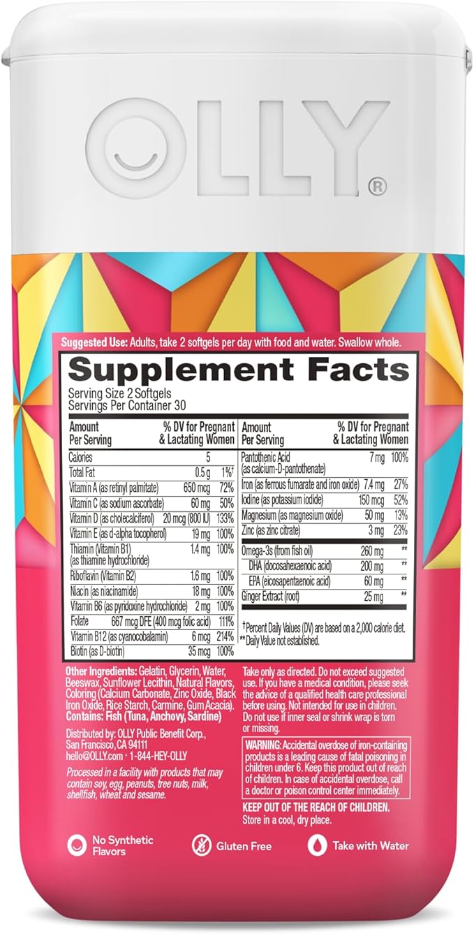 OLLY Ultra Strength Prenatal Multivitamin Softgels Supports Healthy Growth Brain Development &amp Probiotic + Prebiotic Gummy Digestive Support and Gut Health 500 Million CFUs Fiber