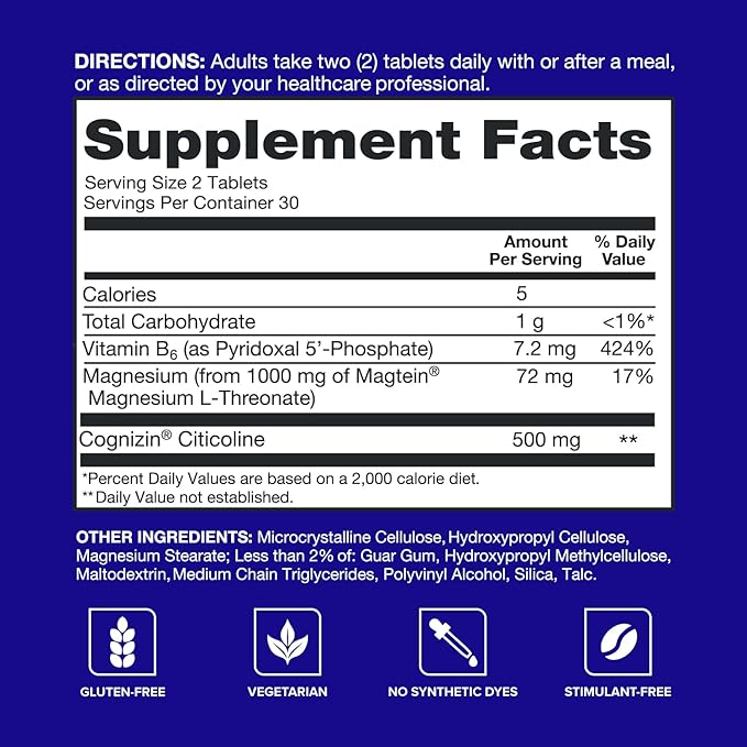 Qunol Brain Health Memory Plus with B6 Magnesium L-Threonate &amp Citicoline Clinically Tested Ingredients to Improve Memory Focus Attention and Productivity 60 Count (Pack of 1)