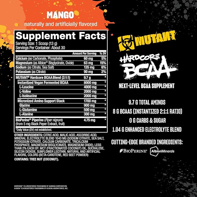 Mutant Hardcore BCAA - Pre Intra or Post Workout – BCAA Next Level branched-Chain Amino Acids Supplement – Hydration + Recovery - 30 Serving - Mango