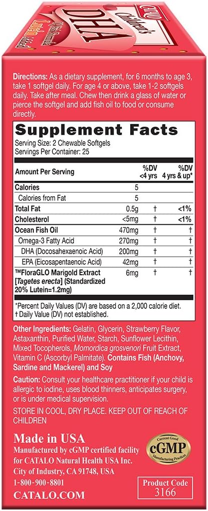 CATALO Children’s DHA IQ Formula with Lutein from Marigold Extract - Omega 3 for Kids Yummy Strawberry Flavored Chewable Softgels with 200 mg of DHA and 42 mg of EPA - Made in USA