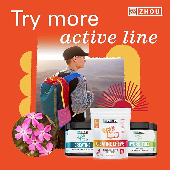 ZHOU Nutrition Creatine Monohydrate Chewables 5g for Men &amp Women Sugar Free Organic Non GMO Pink Lemonade 60 Creatine Gummies
