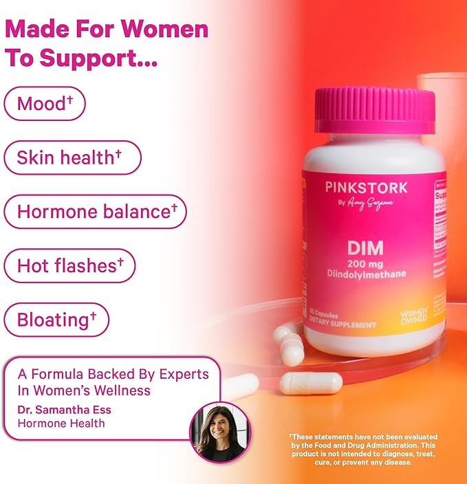 Pink Stork DIM Supplement for Women - Estrogen and Hormone Balance for Menopause Perimenopause &amp PMS - DIM 200 mg Plus BioPerine for Mood Support - 60 Day Supply