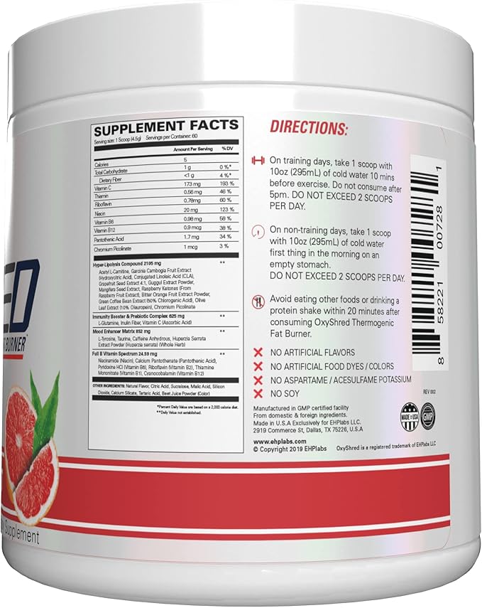 EHP Labs OxyShred Pre Workout Powder - Preworkout Powder with L Glutamine &amp Acetyl L Carnitine Energy Boost Drink - Pink Grapefruit 60 Servings