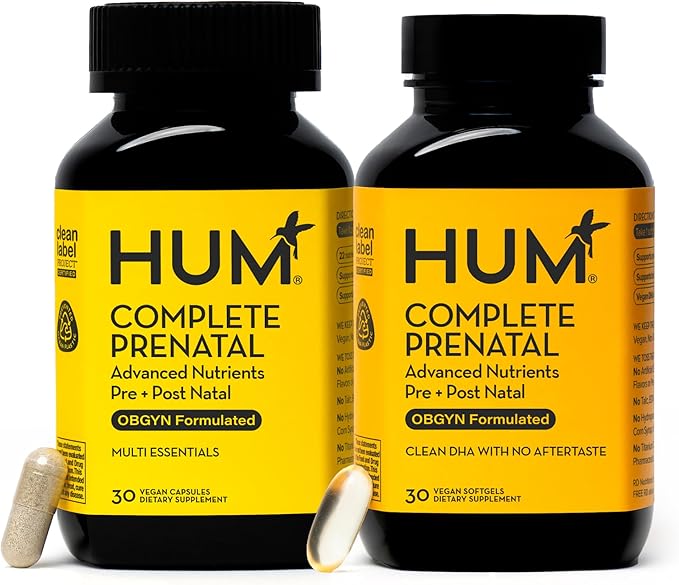HUM Complete Prenatal Multivitamin for Women with Folate DHA and Choline 23 Nutrients for Daily Support Gluten Free Non GMO Supplement for Pre During and Post Pregnancy 30 Vegan Capsules