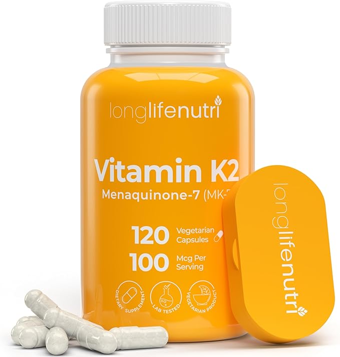 LongLifeNutri Vitamin K2 MK-7 100mcg – Nutrient Support for Bones and Circulation 120 Vegetarian Capsules 4-Month Supply Lab Tested Made in the USA Non-GMO