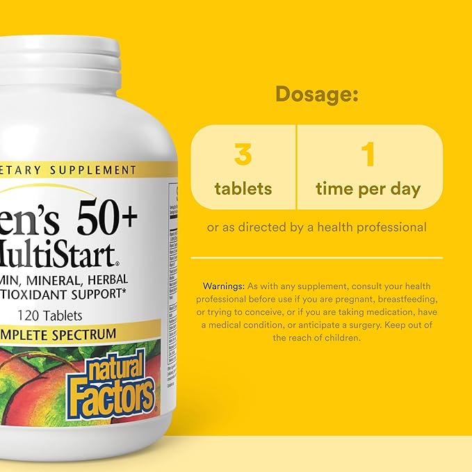 Natural Factors Men's 50+ MultiStart Daily Multivitamin Nutritional Support for Immune and Prostate Health 120 tablets (60 servings)