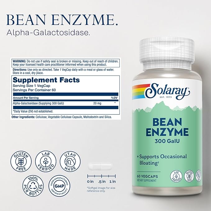 SOLARAY Bean Enzyme and Super Digestaway - Digestive Enzymes Bundle - Alpha Galactosidase Papain Ginger Pepsin Betaine HCl Aloe Vera and More - Digestion and Nutrient Absorption Support 60/90ct