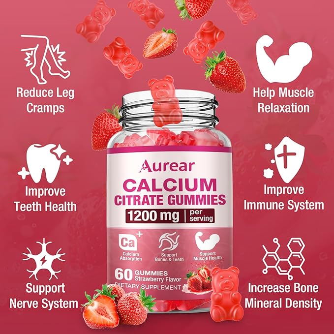 Calcium Citrate Gummies - Strawberry Flavor 1200mg High Potency Supports Bone Muscle &amp Overall Wellness for Men Women &amp Seniors 60 Count Chewable Calcium Supplement (Pack of 2)