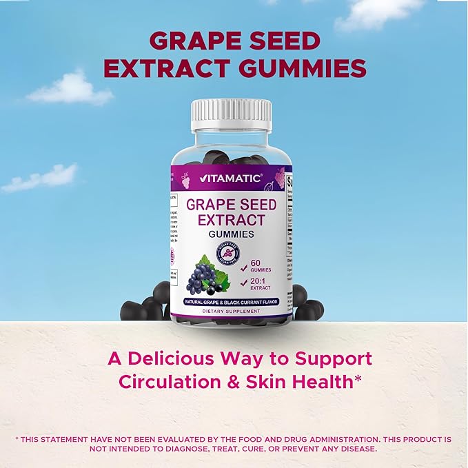 Vitamatic Grape Seed Extract Gummies – Plant-Based Botanical Extract – Natural Grape &amp Black Currant Flavor – Vegan Non-GMO – Herbal Supplement – 60 Gummies - 2 Pack