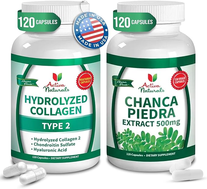 Collagen Type 2 with Chondroitin &amp Hyaluronic Acid + Chanca Piedra Capsules – Skin Hair &amp Nail Care Herbal Wellness Gallbladder &amp Kidney Support 120 Vegetable Capsules for Daily Use