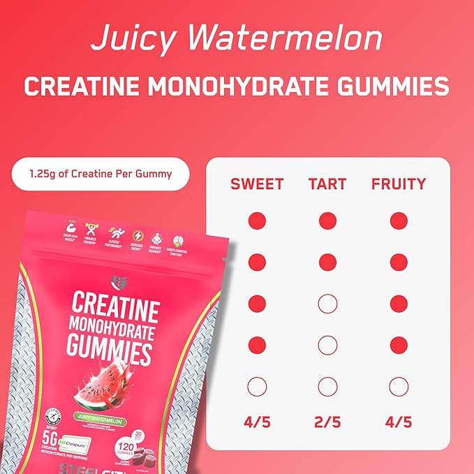 SteelFit Creapure Creatine Monohydrate Gummies for Men &amp Women Juicy Watermelon - Gym Workout Nutritional Supplements for Muscle Gain Brain Health &amp Strength Building Dietary Supplement 120