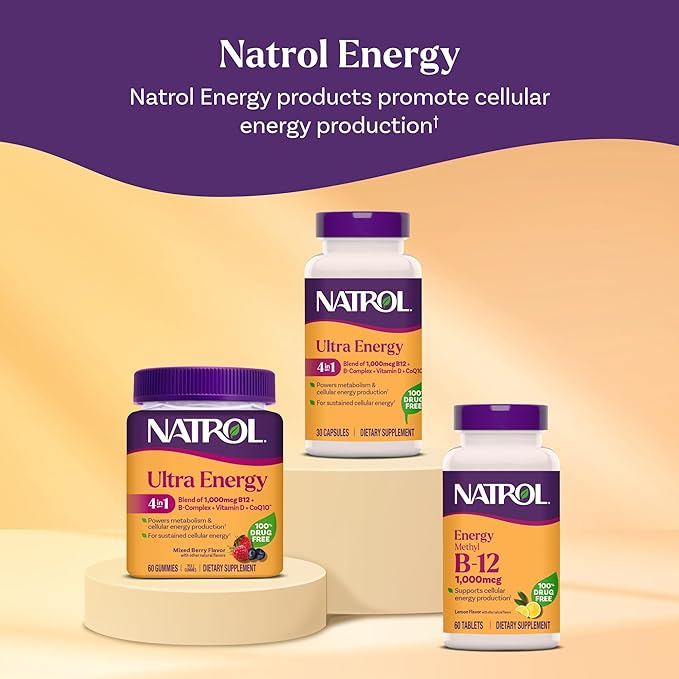 Natrol Ultra Energy 4-in-1 Blend 1000mcg B12 Vitamin B Complex Vitamin D CoQ10 Gummies 60 Ct Vegetarian Caffeine Free Supports Cellular Energy Production