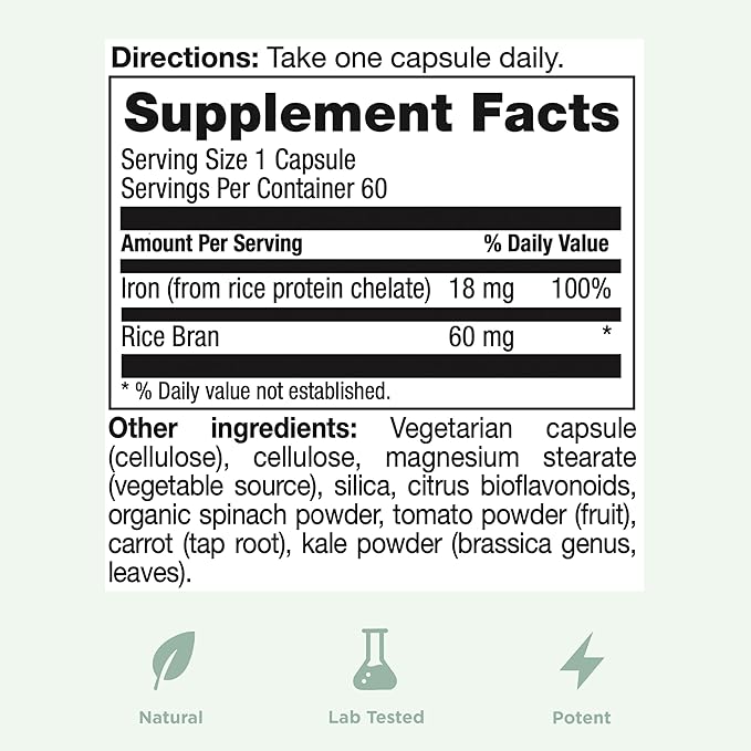 Yuve 100% Vegan Whole Food Chelated Iron Supplement 18mg – Tasteless Non-Constipating Gentle on Stomach Energy Support – Gluten-Free Non-GMO 60 Capsules