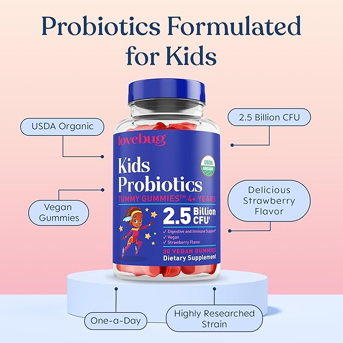 LOVEBUG Kids Probiotic Gummies – Organic Chewable Probiotics for Kids Aged 4+ Soil-Based Children’s Probiotic for Gut Health Constipation Digestive &amp Immune Support Vegan 30 Chews Strawberry